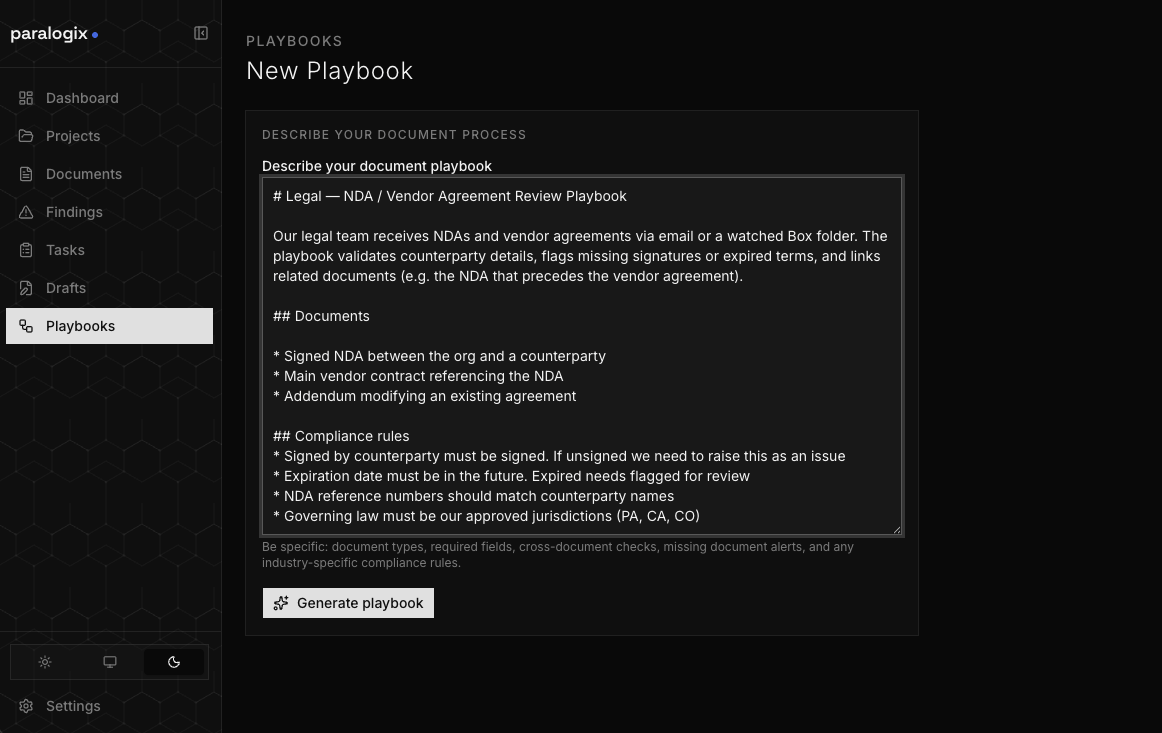 Create a new playbook in Paralogix