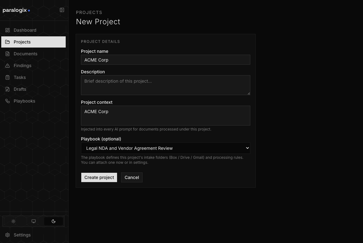 Create a new project from a playbook
